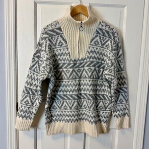 Aerie Oversized Fair Isle Grey, White & Ivory Quarter Zip Sweater, Size S
